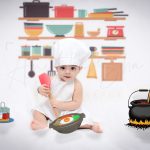 1 year baby photoshoot indoor home chef cooking kitchen theme