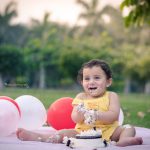 1 year pre birthday cake smash photography, garden, props, flowers, bubbles, anubhavshaphotography, yellow dress