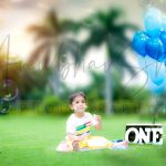 1 year cake smash theme baby photoshoot outdoor, anubhavshaphotography garden colorful balloons sunset clouds props