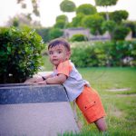 1 year poser baby photography, garden, props, boy in orange dress, standing with plants, anubhavshaphotography