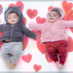 1 year twins baby photography, home, props, floating hearts, babies in woollen hoodies, anubhavshaphotography