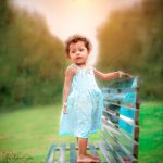 2 years poser baby toddler photography, garden, props, girl in sky blue dress, posing on bench, nature, anubhavshaphotography