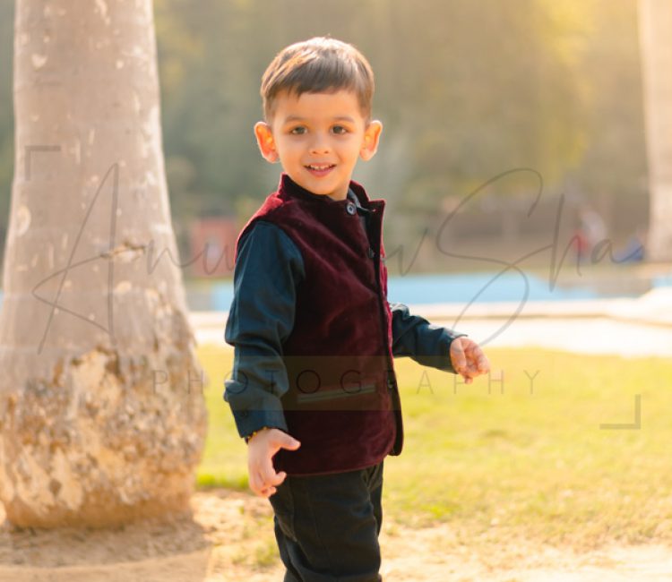 2 years traditional baby photoshoot outdoor, garden, maroon jacket, blue shirt pant, anubhavshaphotography