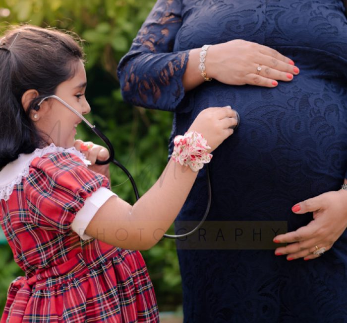 maternity pregnancy photography, outdoor, 6 years daughter using stethoscope with pregnant mother, happy, love, posing, care, anubhavshaphotography