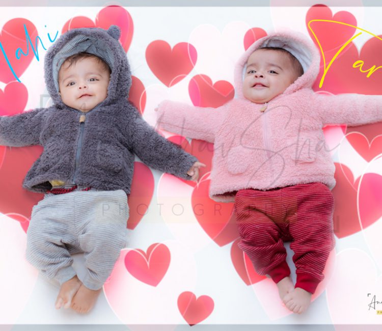 1 year twins baby photography, home, props, floating hearts, babies in woollen hoodies, anubhavshaphotography
